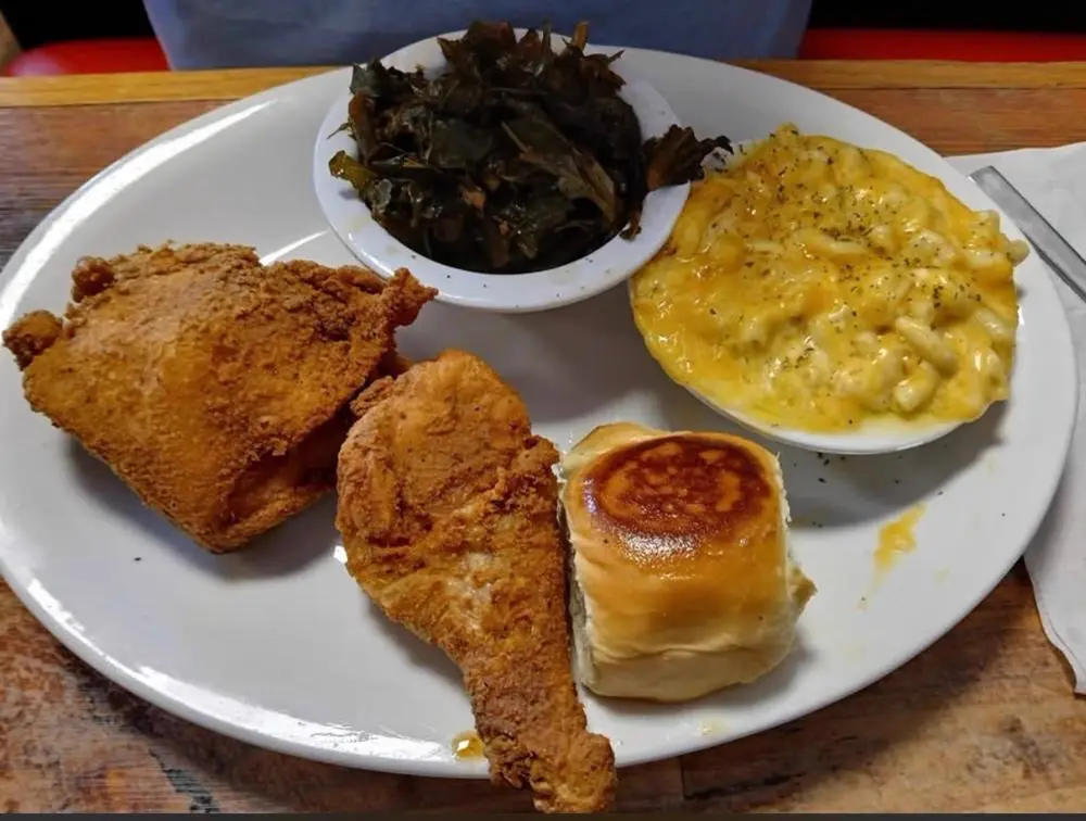 Southern fried chicken plate with sides at R & B Made With Love in Jasper, GA