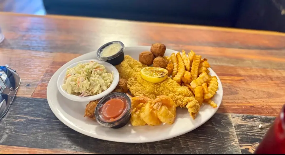 Fried fish and shrimp platter with fries, hushpuppies and coleslaw catered by R & B Made With Love, Jasper GA