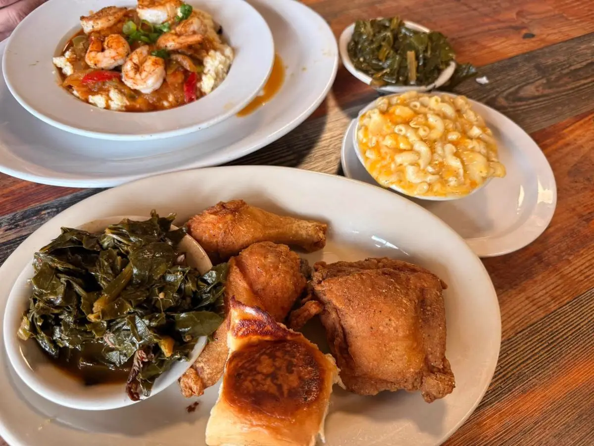 Fried chicken, collard greens, shrimp and grits and mac and cheese at R & B Made With Love in Jasper, GA